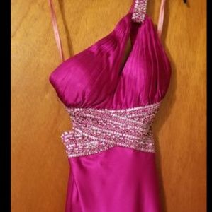 Fuchsia one shoulder long satin dress